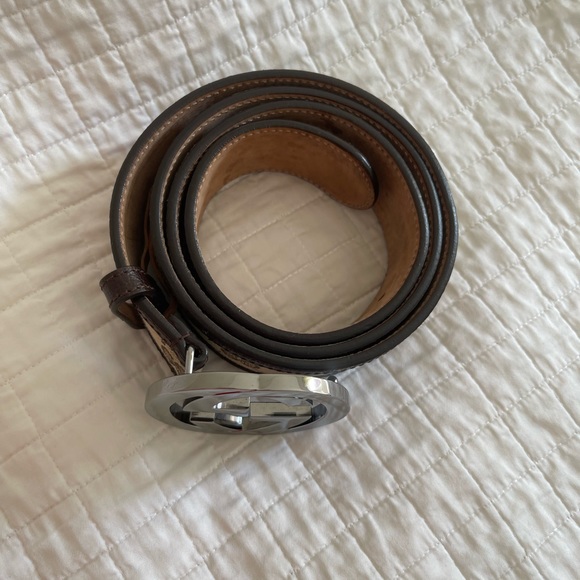 ❌SOLD❌💯Authentic Gucci Canvas Leather Silver Interlocking Buckle belt size 38 - Picture 4 of 15